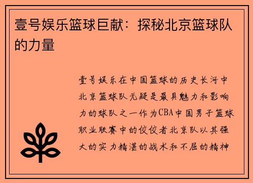 壹号娱乐篮球巨献：探秘北京篮球队的力量
